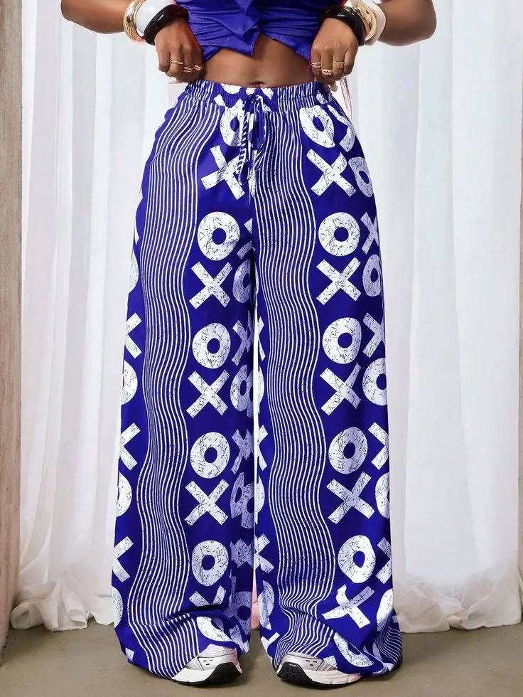 Stylish Blue/ Green Pattern Wide-Leg trousers  photo