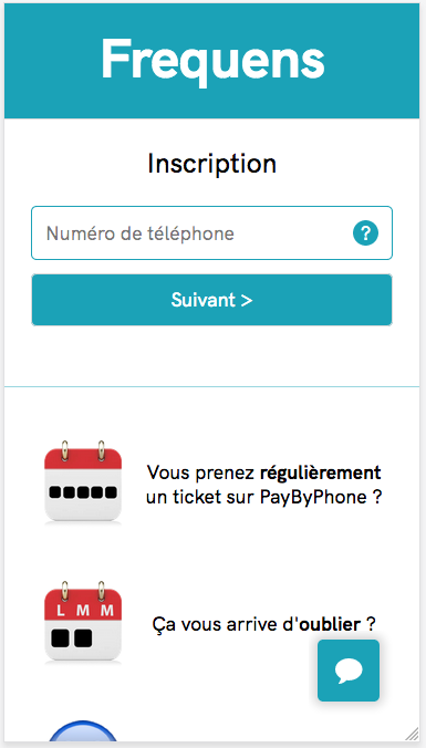 Première étape de l'inscription à Frequens pour automatiser le renouvellement d'un ticket de stationnement Résident : téléphone et mot de passe