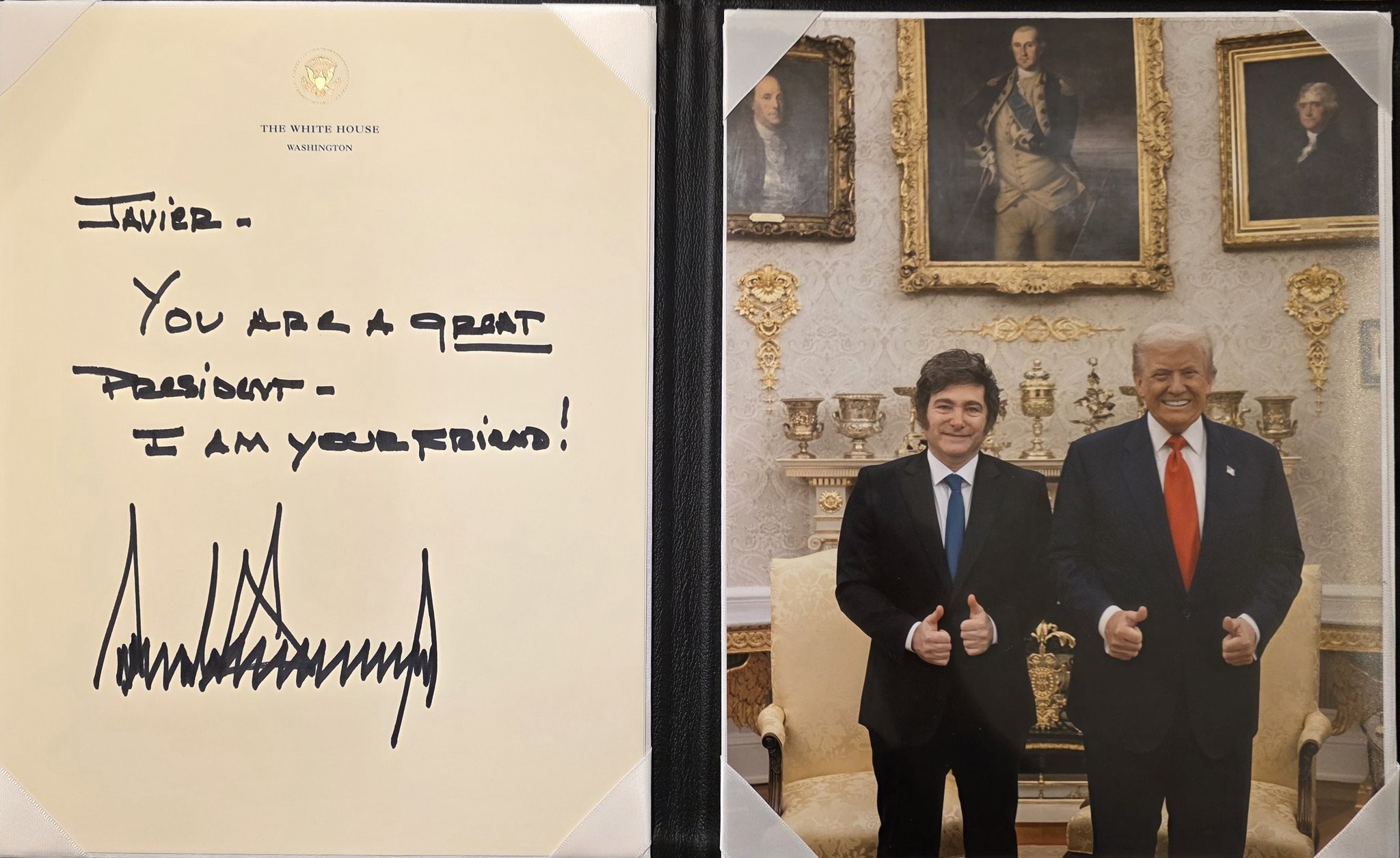 Trump chama Milei de 'amigo' e diz que argentino é um 'grande presidente' em bilhete