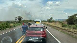 Incêndio em vegetação interdita trecho da 163 e provoca congestionamento