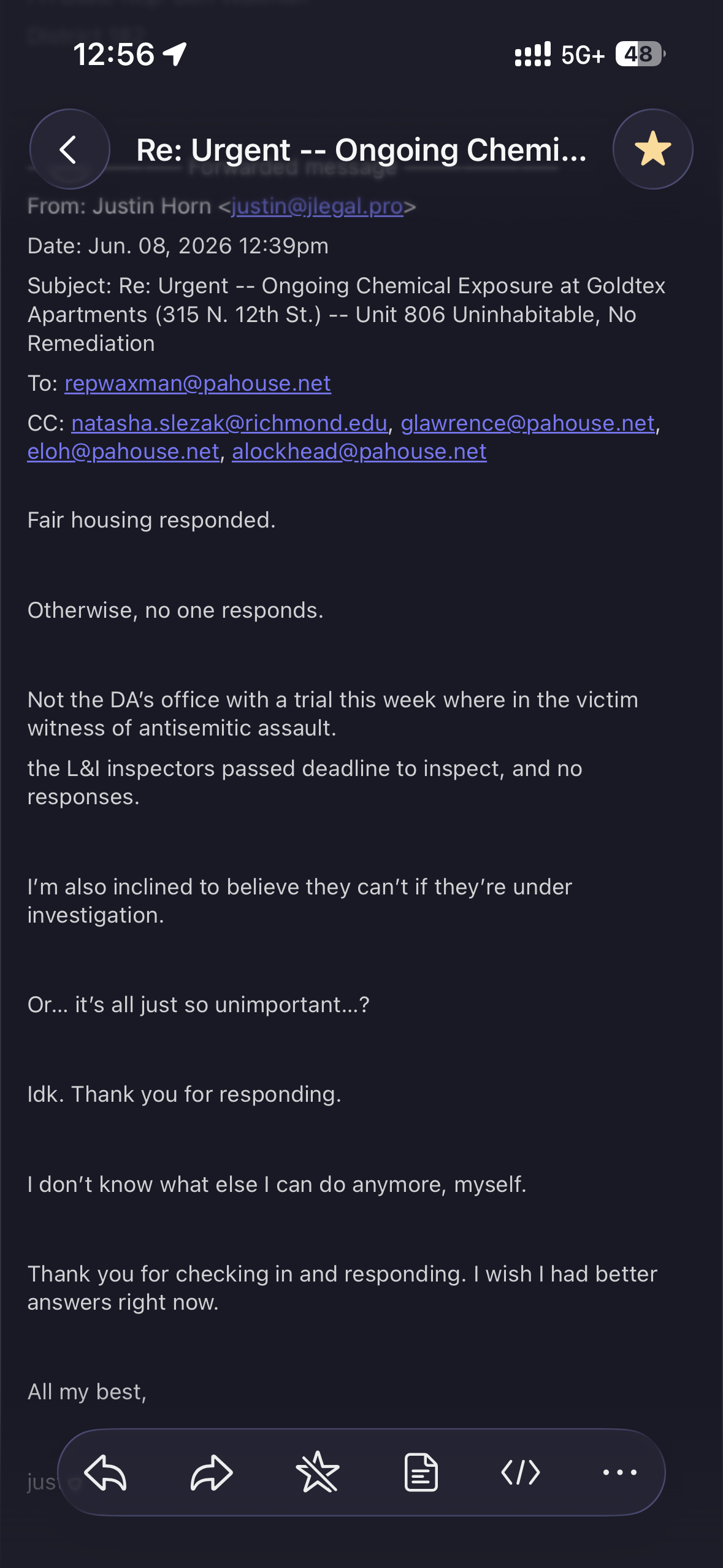 Justin Horn's original email in the chain describing chemical exposure, displacement, and upcoming trial