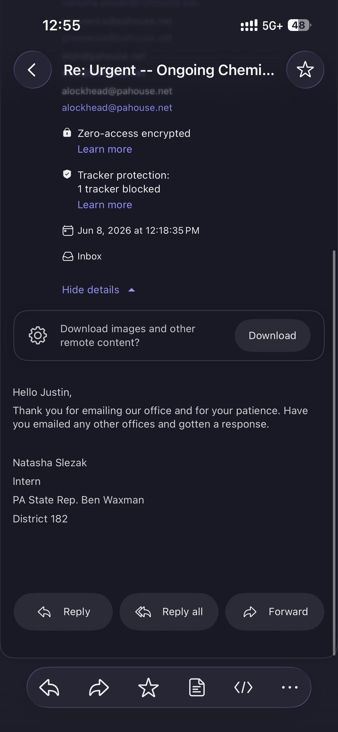 Email from Natasha Slezak responding to chemical exposure inquiry, June 8, 2026, 12:18 PM