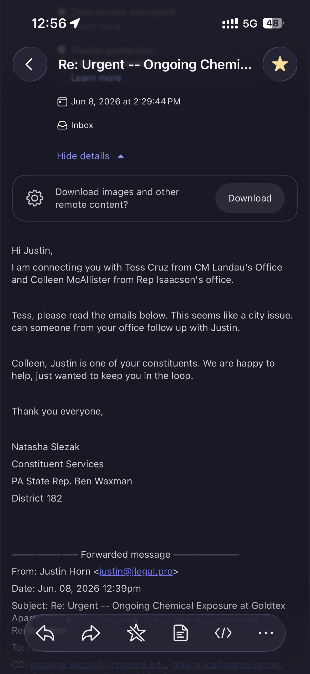 Email routing from Waxman office to city-level representatives Cruz and McAllister, June 8, 2026, 2:29 PM