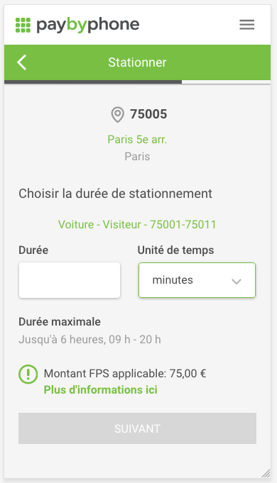 Deuxième étape de la prise d'un ticket sur PayByPhone