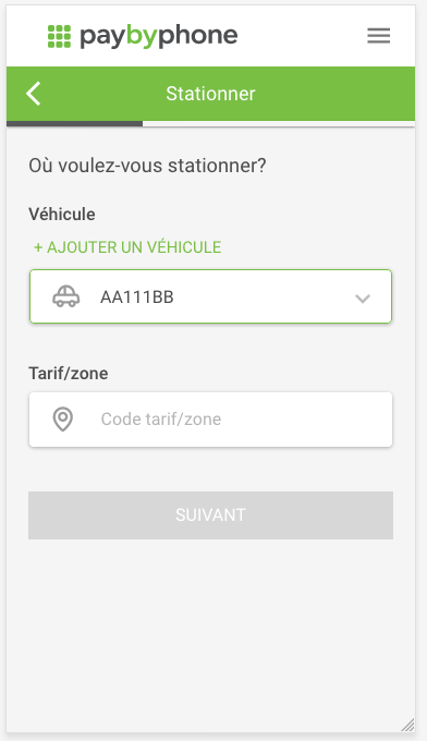 Première étape de la prise d'un ticket sur PayByPhone