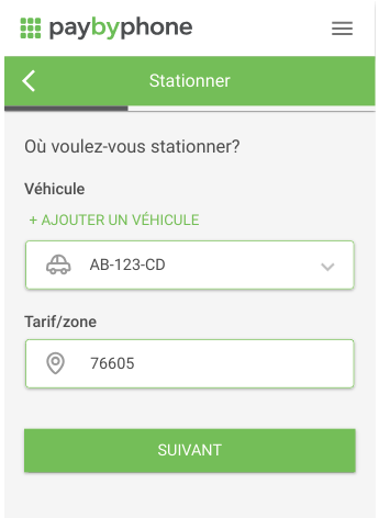 Première étape de la prise d'un ticket PMR au Havre sur PayByPhone