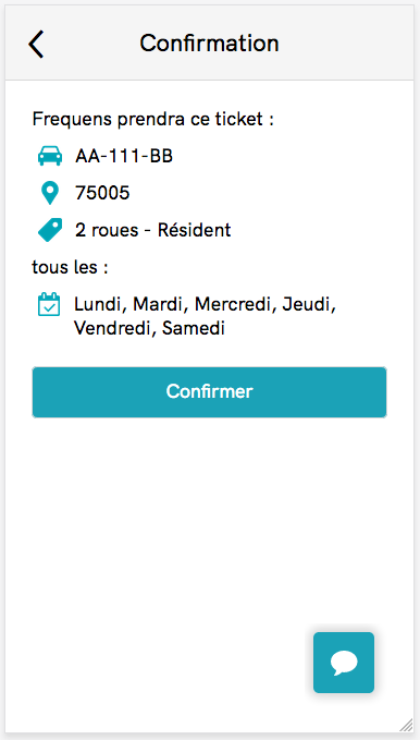 Quatrième étape de l'inscription à Frequens pour automatiser le renouvellement d'un ticket de stationnement Résident : confirmation