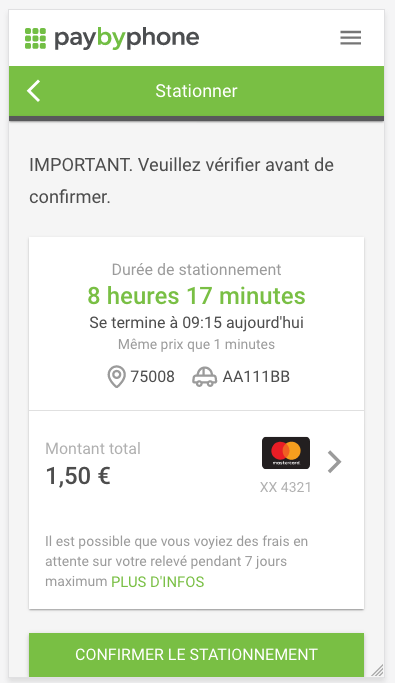 Dernière étape de la prise d'un ticket sur PayByPhone